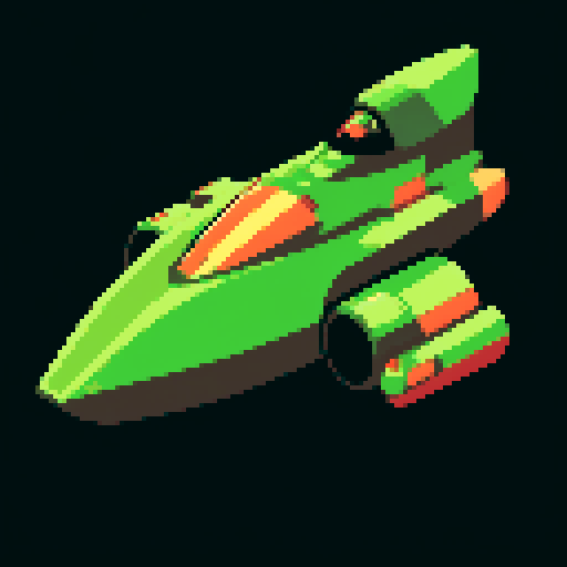 Green spaceship, retro, low resolution, vibrant colors, geometric shapes, angular design, glowing thrusters, metallic finish, cosmic atmosphere, sci-fi aesthetic, futuristic, extraterrestrial, otherworldly, nostalgic, video game-inspired, little colors