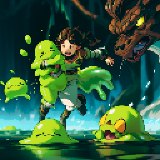 slime surging up around someone, slime engulfing a hero, slime consuming a hero, hero getting engulfed by slime, slime attack, dynamic, slime slamming into someone, impact, splashing slime, full-body image, full-body art, metal armor, brown hair