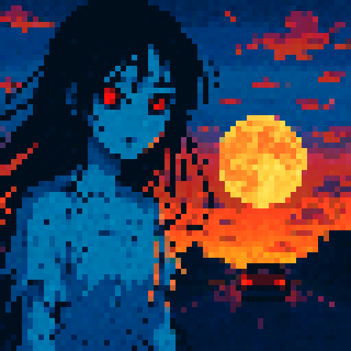 Ghost woman with red eyes, sunset backdrop, car driving towards moon, anime style, vibrant colors, sRGB, pixel art