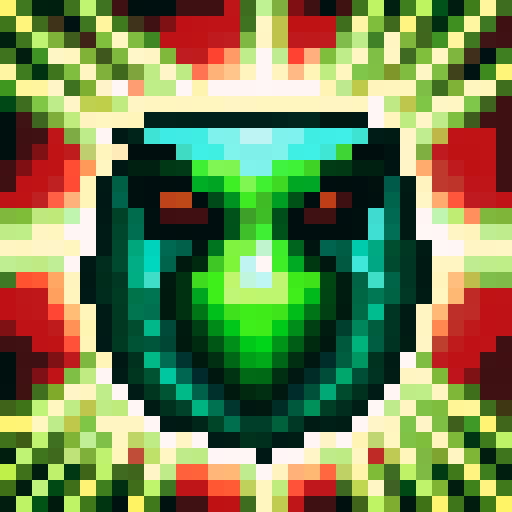 "Pixelated green ant crawls near a red apple in a retro-style game icon close-up portrait, set against a black command terminal screen with code-like details."