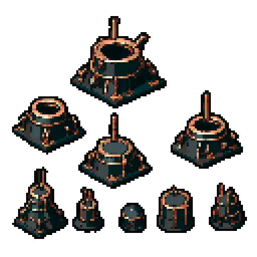 I want a copper structure reminiscent of the base of a gun turret. The design should be relatively simple. I also want this object usable as an asset in a videogame, meaning only one object per image, outlined with a strong black stroke, on a solid-color background.