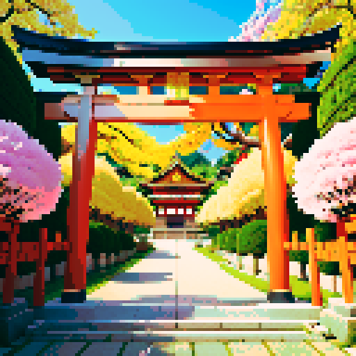 Golden shinto shrine, vibrant cherry blossom trees, traditional architecture with intricate details, shinto torii gate adorned with golden decorations, a pixel art golden cuboid positioned behind the gate, golden lanterns illuminating the scene in sRGB colors