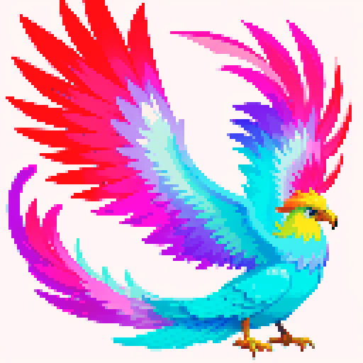phoenix wings, vibrant colors, glowing feathers, fiery gradients, sharp pixel edges, transparent background, white. cyan and pink, sRGB