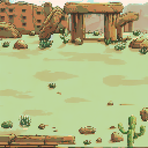 Arid desert terrain with sandy ground, scattered rocks, and patches of green cactus and shrubs. Ruins of ancient stone structures, including broken pillars, stand amidst dry, leafless trees. A backdrop of eroded cliffs and distant buildings adds depth, with warm, earthy tones dominating the scene under a pale sky.