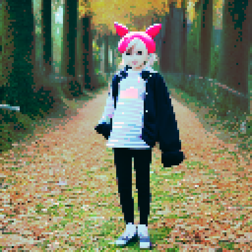 Little girl with blonde pigtails wearing a dark hood in a green forest