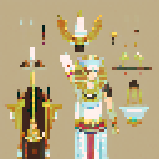 Mysterious Egyptian god Plutus, vibrant colors, intricate hieroglyphics, pixelated pyramids, golden staff, glowing eyes, majestic headdress, ancient temples, sand dunes, celestial aura