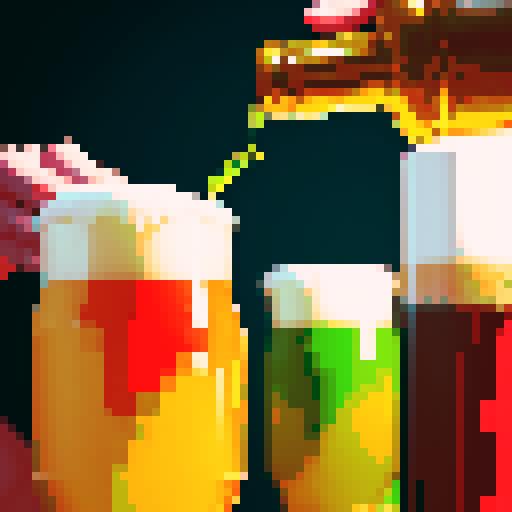 hand pouring draft beer, close up, fantasy 8 bit style, pixel art, vibrant colors, foam overflowing, carbonation fizzing