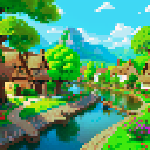 medieval village with thatched rooftops, cobblestone streets, and a bustling marketplace, surrounded by tall, majestic trees, a winding river flowing through the heart of the village, all depicted in vibrant pixel art with a charming sRGB color palette