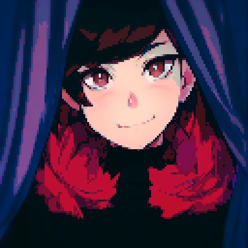 A brown-haired girl with brown eyes smiles as she stands amid blue curtains in a black dress and floating cherry blossom petals