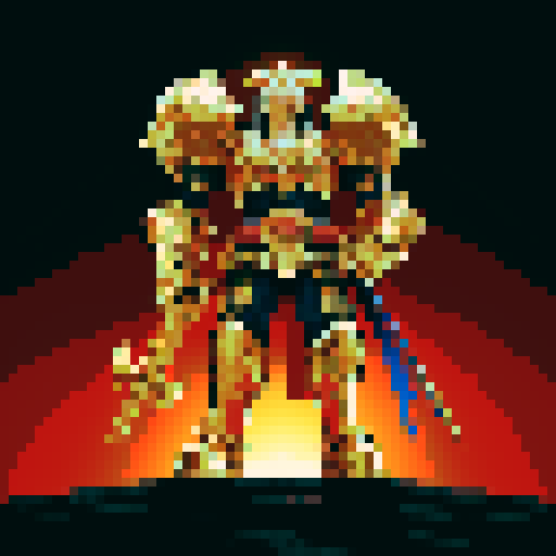Warhammer 40,000 Emperor, towering, golden armor, regal pose, commanding presence, intricate details, glowing halo, pixel art, vibrant colors, dynamic composition, dramatic lighting, sRGB