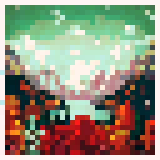 A majestic mountain range with jagged peaks looming over a tranquil, crystal-clear lake surrounded by vibrant autumn foliage, all rendered in a pixel art style with a vibrant sRGB color palette