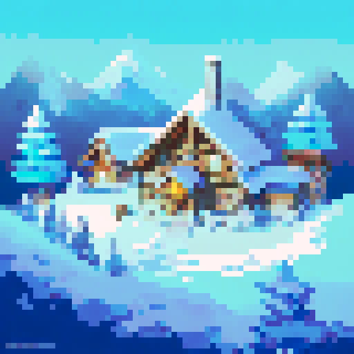 snowy mountain range ski town with a tiny lodge, igloo, campsite, cold, pixel art, sRGB, christmas themed