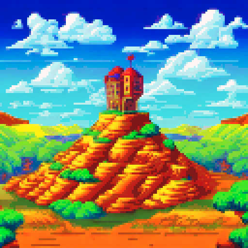A rich farmer, adorned in expensive pimp attire, stands on top of a pile of gold bullion, surrounded by a pixelated backdrop of rolling hills and azure skies in vibrant sRGB hues
