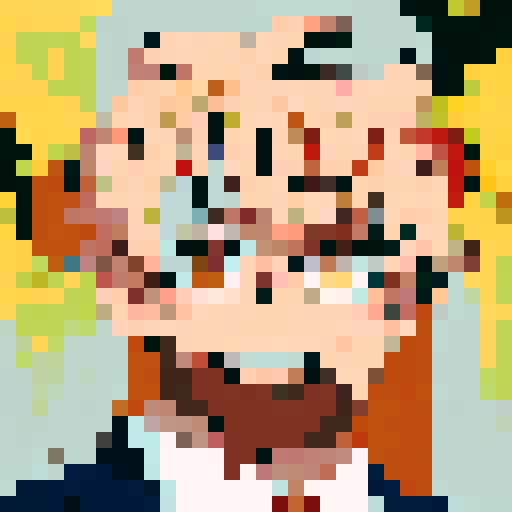 serious blonde man in suit and red tie, proud expression, symmetrical composition, iconic cartoonish style, close up, anime style, pixel art, 32x32, orange-toned skin