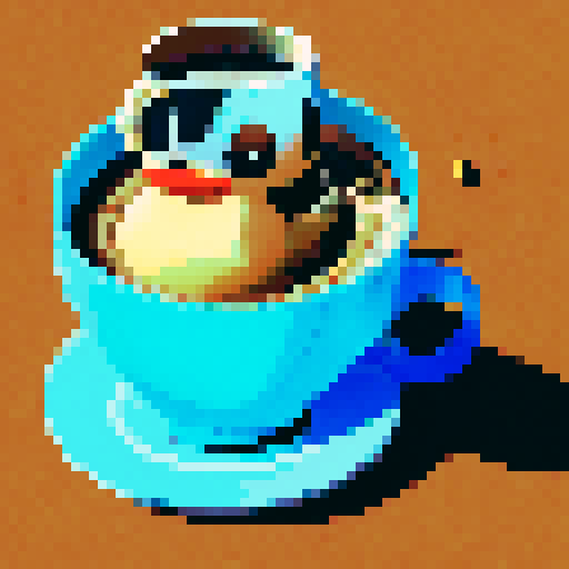 Smiling rubber duck with a yellow bill and big black eyes, holding a steaming cup of hot coffee with white steam rising, against a colorful anime-style background with bold lines and vibrant colors