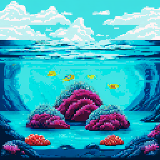 sea floor scene with rocks, seaweed, coral and starfish
