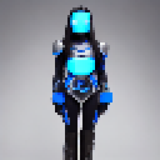 Black hair girl with futuristic armor, grey color with blue lights 