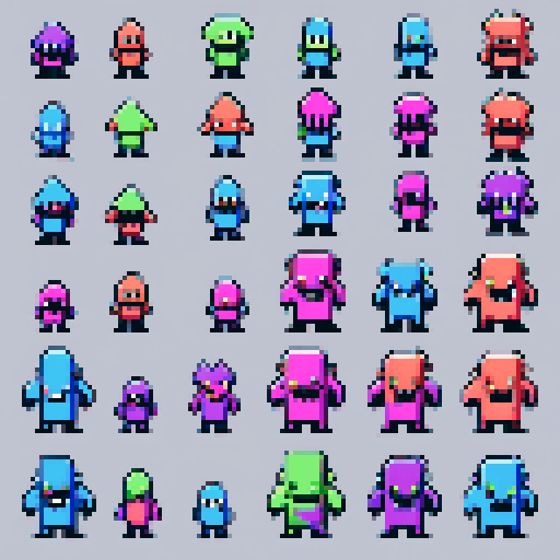create a bunch of different pixelart 2d monsters i can use as enemies in the game im developing