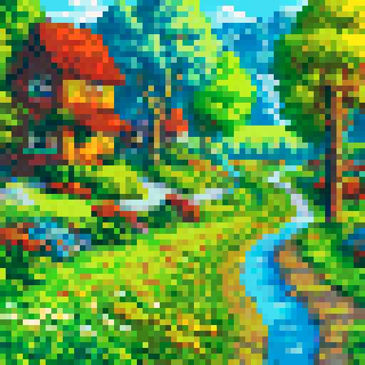 vibrant fields, rolling hills, quaint cottages, winding river, blooming flowers, lush trees, cobblestone pathways, distant mountains, clear blue sky