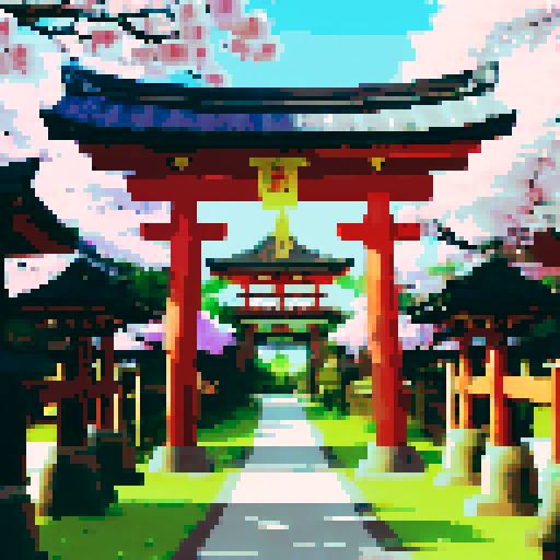 golden shinto shrine, torii gate, golden shinto gate, with a shimmering golden chest behind the gate, cherry blossom trees, lanterns glowing, traditional architecture, intricate details, vibrant colors, pixel art, sRGB