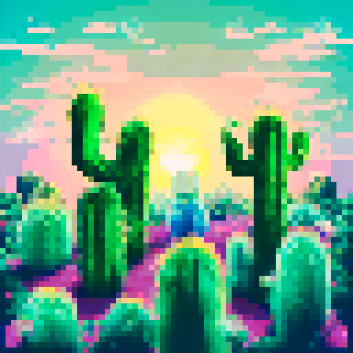 A glimmering diamond necklace draped over a blooming cactus, with prickly needles and vibrant flowers in the background, all rendered in a detailed, retro pixel art style using the sRGB color space