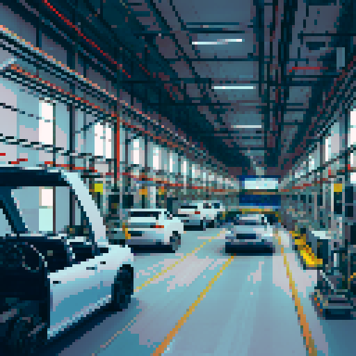 Car manufacturing plant from the inside, production tape, tools, machine frame, engine, manipulators