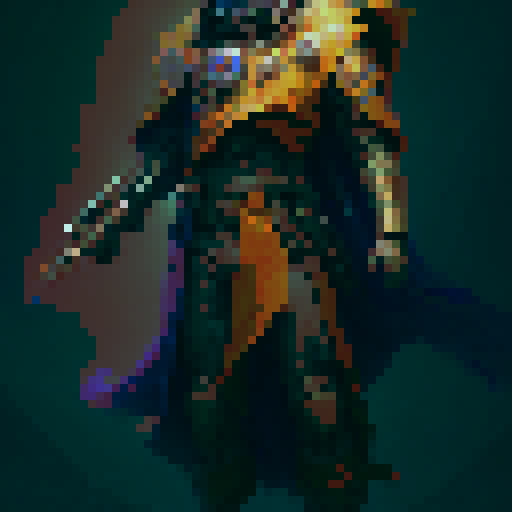 a soldier dressed in a majestic celestial cloak with vibrant and deep colors.  wielding an oversized spear that looks radioactively glowing purple.  the soldier also has full face helmet made from the same material as the spear that has a flowing mane on top of the helmet that looks exactly like the cloaks colors..