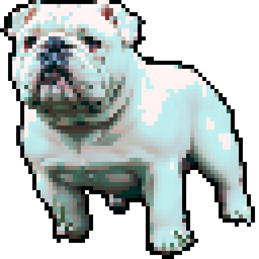prestigious, all white English bulldog, underdog, overlooked, brave, fierce, determined, tired but relentless, pixel art, sRGB