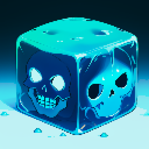gelatinous cube, blue slime cube, slime, skeleton inside of gelatinous cube