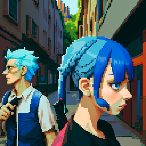 blue haired girl smoking cigarette, and man on the left holding gun