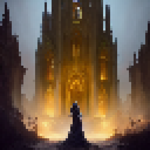 Capture the towering, gothic-style church with its intricate stone carvings, stained glass windows depicting dragons and unicorns, and a moss-covered graveyard full of mysterious tombs and eerie mist, in a whimsical Fantasy RPG art style.