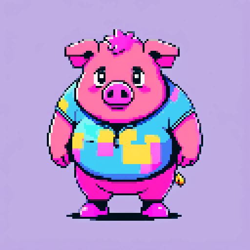 fat pig character, cute and chubby, with pink skin and a snout, depicted in vibrant pixel art with sRGB colors