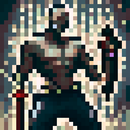 character player sprite, game icon, 32x32 pixel art, sRGB, skill art, close up, portrait, vibrant colors, dynamic pose, glowing eyes, flowing hair, detailed facial features, determined expression, weapon in hand, futuristic armor, intricate patterns, sharp edges, dramatic lighting