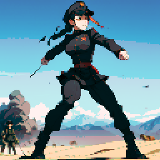 full-body image, military general woman, black uniform, black hat, muscular, evil, facing left, ready to fight, fists up, war background, battlefield, warfare, soldiers behind her, lineup of soldiers