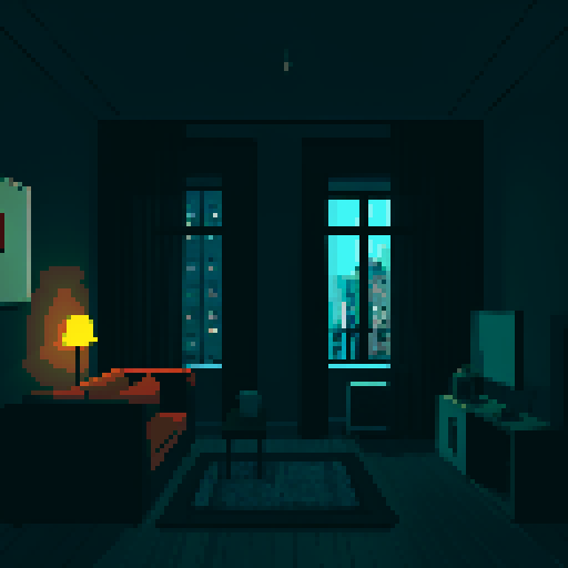 dark city apartment interior at night, melancholy, depressed, lonely man's apartment, sadness, dimly lit