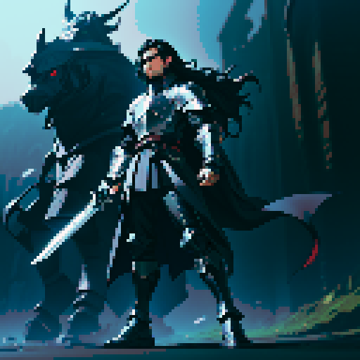 full-body image, male knight, man in black armor, giant sword, long black hair, sexy, male dark knight, giant sword, huge long sword, long hair