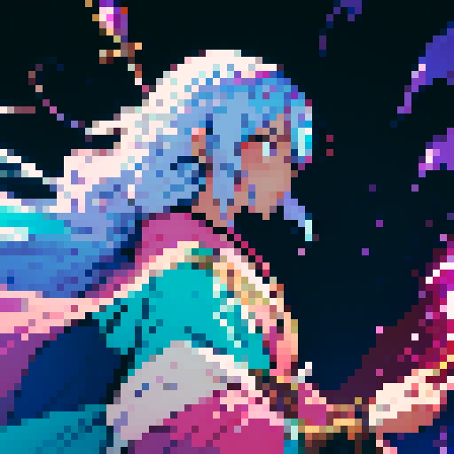 legendary anime girl wizard, long flowing hair, vibrant and dynamic colors, glowing magical staff, intricate and ornate robes, intense and focused expression, sparkling and shimmering background
