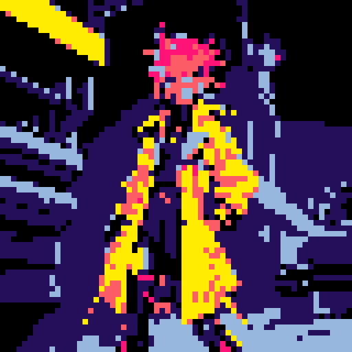 cyberpunk space trader sprite, pixel art, futuristic design, cybernetic arm with intricate detailing, glowing yellow-orange visor over the eyes, trench coat with glowing lines, blue and teal color palette with neon pink and yellow accents, distinct sci-fi aesthetic, confident posture, mid-step left first, left left bent and raised, arms extended, pixel art, sRGB