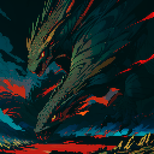 red dragon, fiery scales, sharp claws, fierce expression, towering presence, detailed pixel art, vibrant colors, textured scales, intricate patterns, glowing eyes, majestic wings, powerful tail, smoke billowing from nostrils