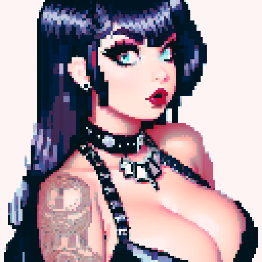 curvy, busty goth babe with studded collar, wearing halter top, in a full face portrait with a glamour shot aesthetic, against a tile backsplash, capturing an edgy pixel art style in sRGB