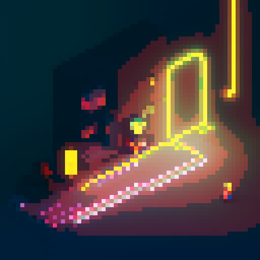 Brunette curly boy developer, neon-lit Tokyo behind, coding lines on screen, pixel art style.