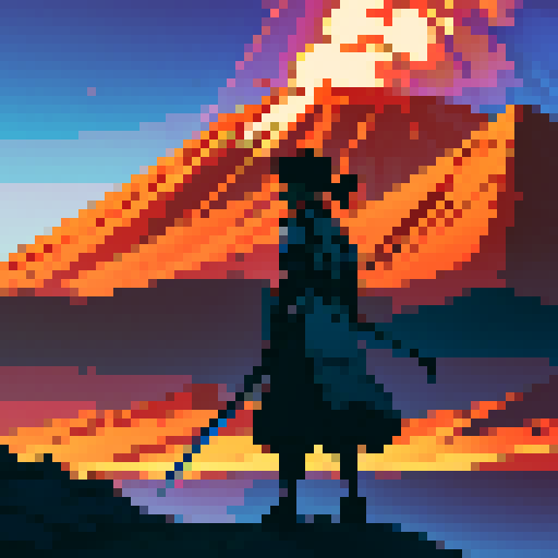 Anime warrior on an adventure with a volcano in the background. The warrior is holding a sword. 