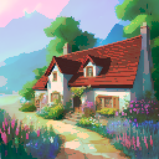 an adorable cottagecore cottage with a winding path and garden of wildflowers limited colors