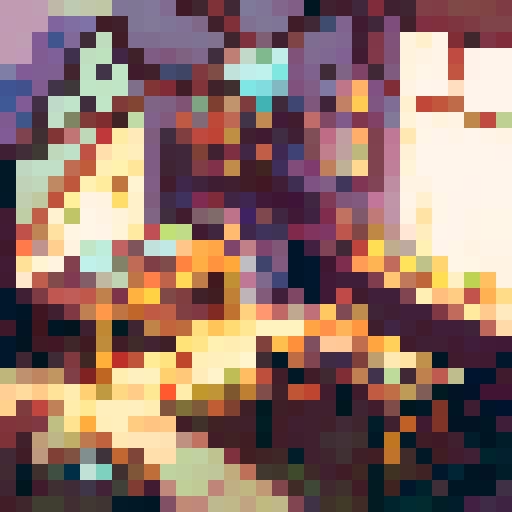 Cozy inn with dim lights and band of heroes sitting next to the table, pixel art 