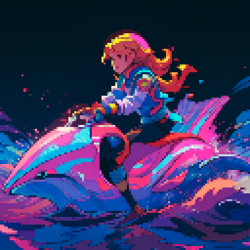human riding dolphin, vibrant colors, retro video game aesthetic, pixelated waves, 8-bit sprites, dynamic movement, pixel art, sRGB color space, nostalgic vibes, detailed pixel work, playful composition, energetic atmosphere