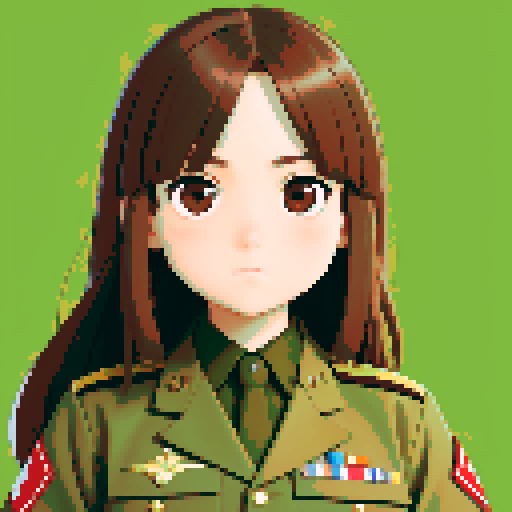 young girl, large round eyes, brown hair, brown eyes, wearing combat army uniform, upper body close-up, clean and detailed, centered composition, beautiful girl, long flowing hair, detailed eyes, slim figure, soft smile, round face, like Japanese anime