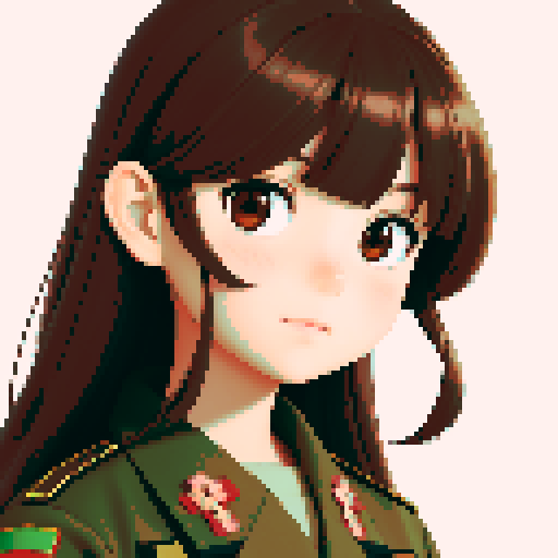 young girl, large round eyes, brown hair, brown eyes, wearing combat army uniform, upper body close-up, clean and detailed, centered composition, beautiful girl, long flowing hair, detailed eyes, slim figure, soft smile, round face, like Japanese anime