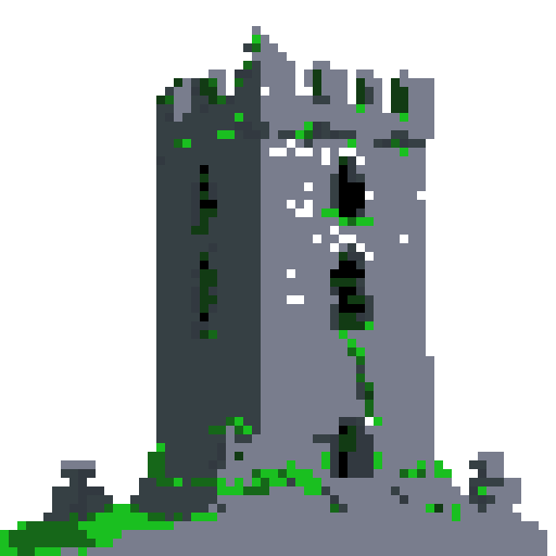 2d grey stone tower in an ancient english style. Old and crumbling but still upright. Green vines crisscross it. Usable as an asset (clear, thick lines and a white background). Put a black stroke around the composition