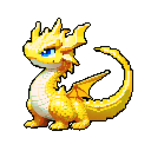 A radiant dragon with golden scales that shimmer like the sun. It has a majestic, glowing aura and bright, shining eyes. Its wings radiate light, and it has a noble, protective expression. No background.
