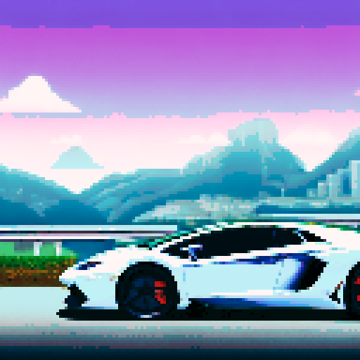 Photorealistic, centered Lamborghini Aventador in a three quarter view, right wheel in front, clean background, pixel art style with sRGB colors